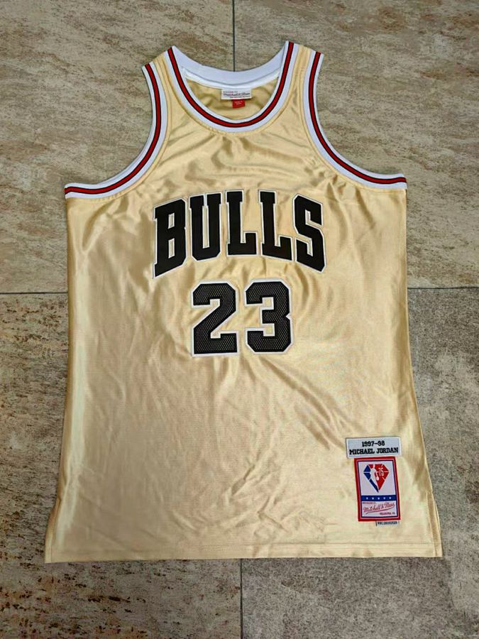 Bulls #23 Michael Jordan Gold Embroidered Jersey