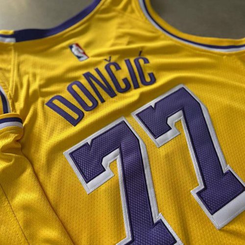 Lakers #77 Luka Doncic Yellow Embroidered Nike Jersey
